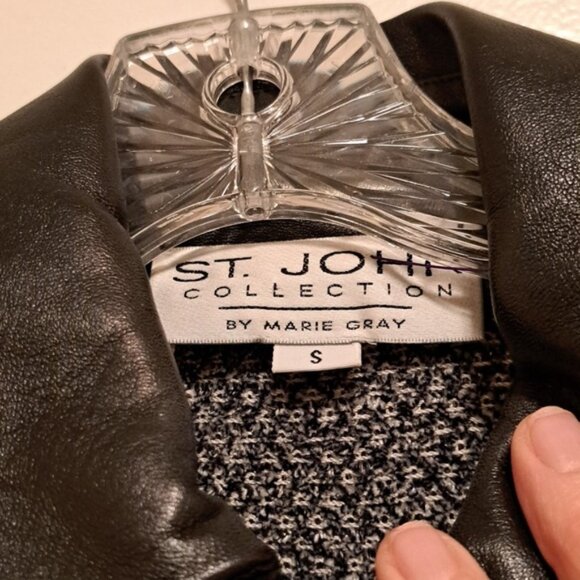 St John Collection Marie Grey Vintage Knit Short Jacket Leather trim sz S - Picture 7 of 13
